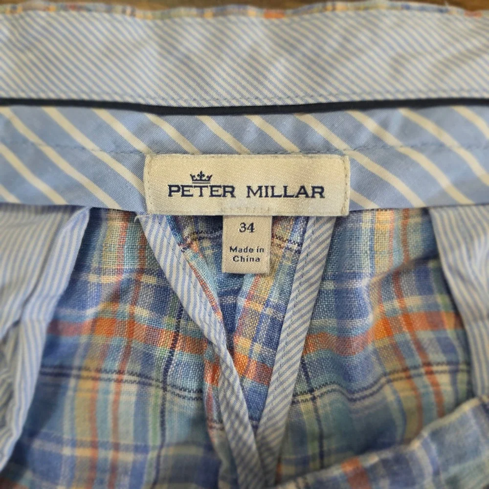 PETER MILLAR Plaid Shorts Mens 34 Blue Orange Linen Blend Flat Front Golf Summer